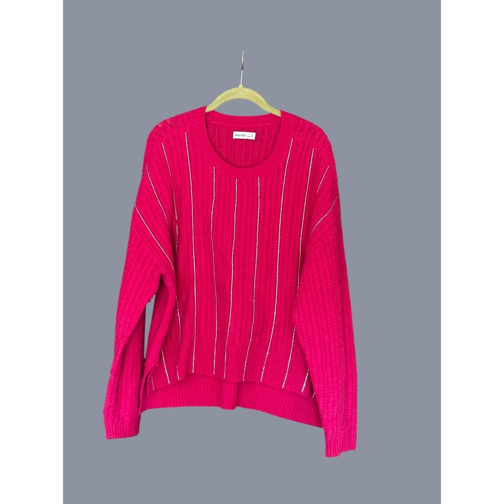 Nine West Hot Pink Ribbed Knit Rhinestone Pinstripe Crewneck Sweater XL